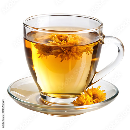 A clear glass cup of chrysanthemum tea with flowers inside and on a saucer against a black background