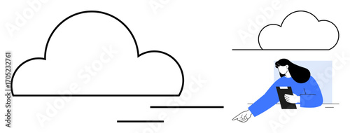 Woman holding tablet, interacting with cloud elements, emphasizing data access and connectivity. Ideal for technology, cloud computing, data sharing, innovation, networking, digital transformation