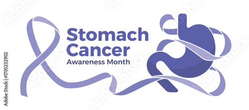 Stomach cancer awareness month - Text and Long Periwinkle ribbon awareness rolling and waving around stomach symbol vector design