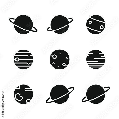 Collection of nine black planet icons with rings and surface details space galaxy