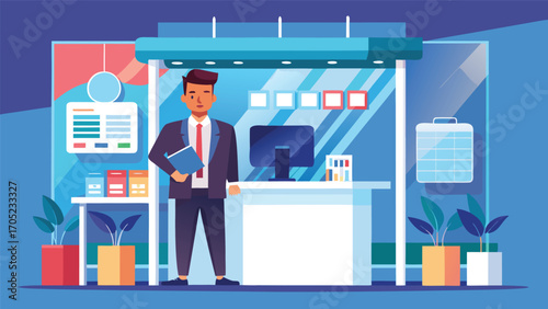 Modern office workspace with a professional man standing at reception desk during daylight hours