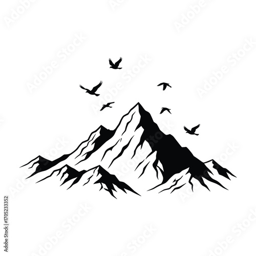Black silhouette of jagged mountain range with birds flying above white
