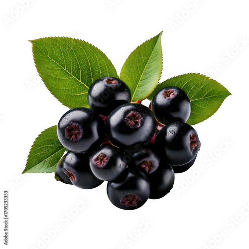 fresh black chokeberry aronia berries with leaves isolated on white or transparent.