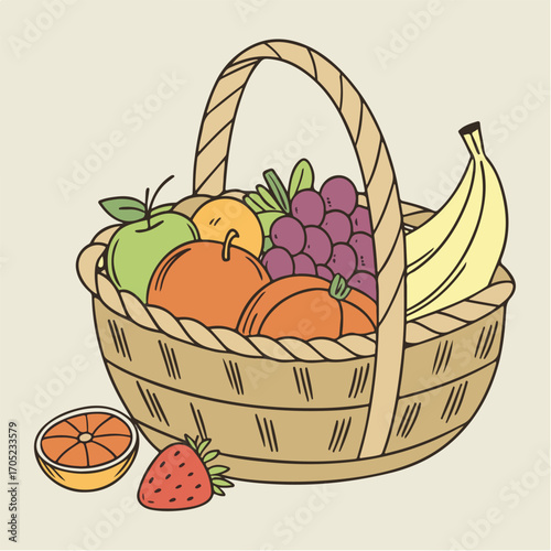 Editable healthy eating vector artwork with fresh organic fruits, perfect for nutrition, wellness, and lifestyle projects