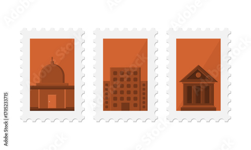 Postage Stamp Illustration with Architectural Buildings Vector. Suitable for Building and Travel Themes. Vintage Stamp Collection.