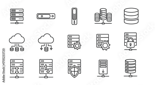 Collection of server and cloud technology icons in silhouette