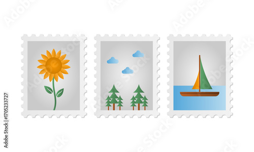 Sunflower, Tree, and Boat Postage Decoration Vector. Perfect for Travel and Nature Themes.