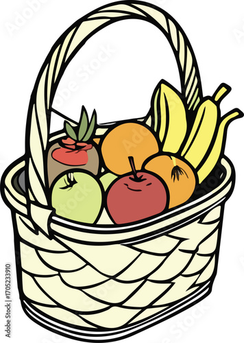 Creative vector artwork of a fruit basket casting a shadow, designed in flat style, perfect for organic food and healthy lifestyle concepts.