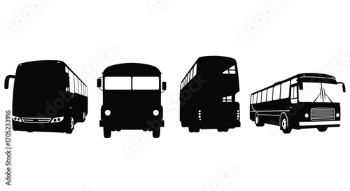 Collection of four distinct bus silhouettes facing forward and sideways