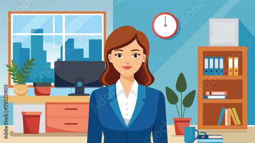 Businesswoman in a modern office setting with city view during the daytime
