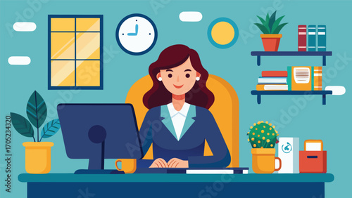 Professional woman working at a modern office desk with plants and books during daylight