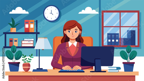 Woman working at a desk in a colorful office with plants and a clock on the wall during daytime