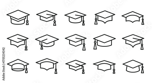 Collection of graduation cap icons in a distinctive silhouette style