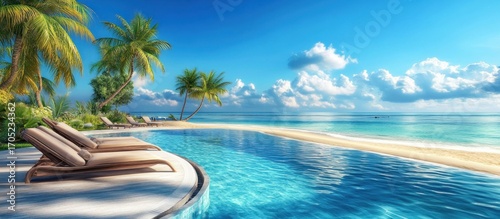 An idyllic beach scene features a turquoise infinity pool, palm trees, sandy beach, and a blue sky