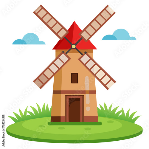 Traditional windmill with red roof and wooden blades standing on green grass with blue clouds.