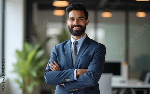 Happy Indian businessman professional leader standing arms crossed in office. Smiling male employee, business man company executive manager, confident eastern entrepreneur at work, portrait.