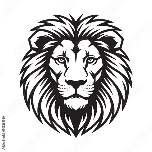 Majestic lion face with geometric mane striking powerful regal portrait isolated on white background