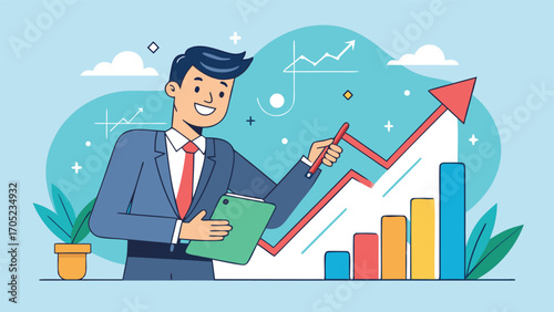 Business professional analyzing growth trends with charts and graphs in a vibrant digital environment
