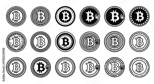 Collection of bitcoin cryptocurrency coin icons in silhouette