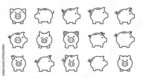 Collection of piggy bank silhouettes in various poses and angles