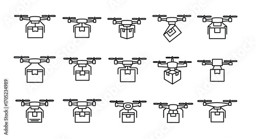 Collection of drone delivery icons in a simple silhouette style