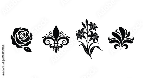 Collection of four distinctive floral and heraldic silhouettes