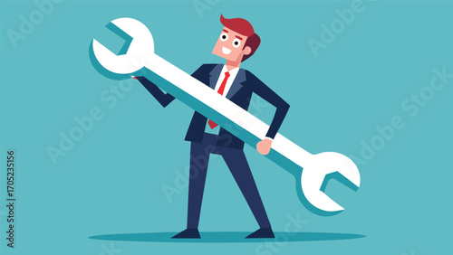 Businessman holds large wrench while smiling against a bright blue background