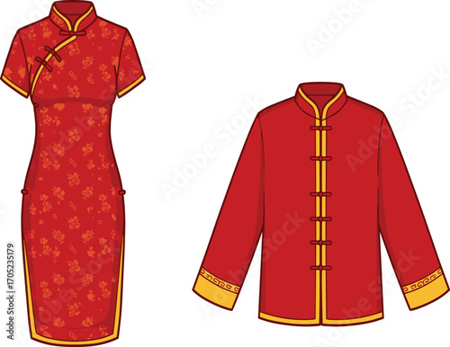 Traditional Chinese clothing illustration, red cheongsam and tangzhuang outfit, festive fashion design, cultural garment vector, Lunar New Year style