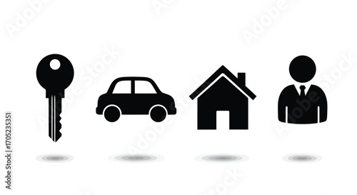 Iconic symbols of home car key and person silhouette