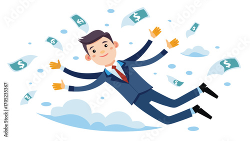 Businessman with multiple arms collecting falling money in a playful illustration