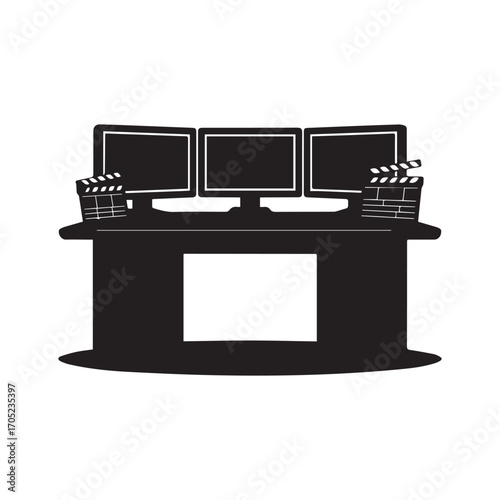 Modern video editing setup with triple monitors and clapperboards ready for production isolated on white background