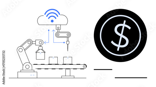 Robotic arm operating on conveyor belt connected to cloud with wireless IoT, large dollar symbol illustrating cost management. Ideal for technology, IoT, manufacturing, automation, industry 4.0