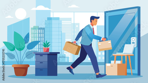 Businessman leaving office carrying boxes while moving to a new location in a modern city