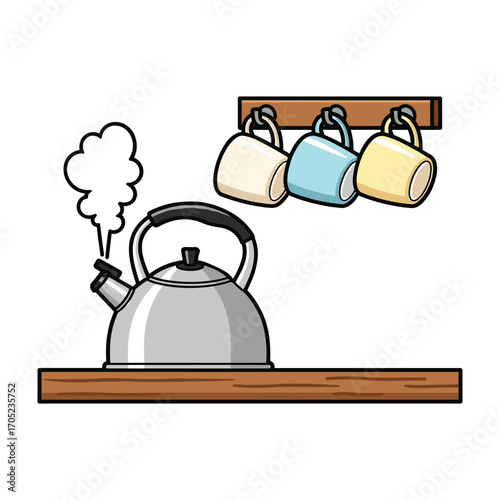 Silver kettle steaming on wooden shelf with three hanging mugs water boiling