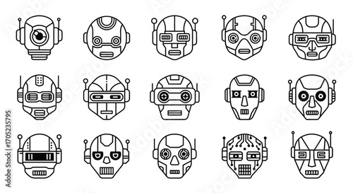 Collection of futuristic robot head silhouettes in a grid layout