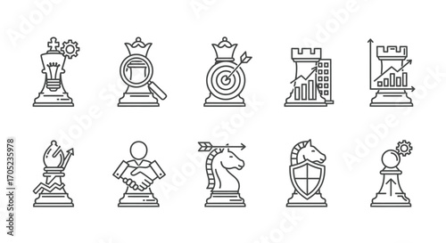 Collection of chess piece silhouettes with business growth graphics