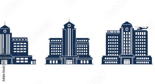 Collection of tall building silhouettes on a white background