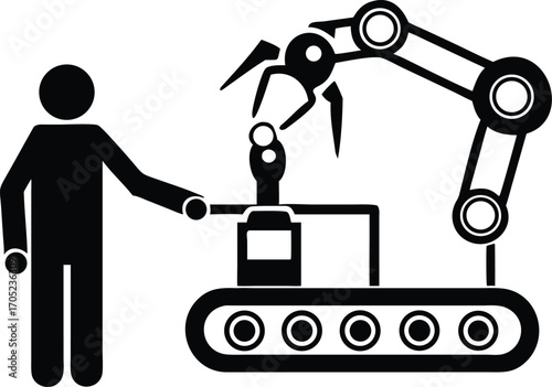 Person interacting with robotic arm on conveyor belt