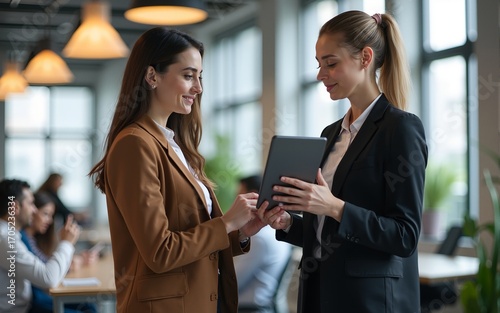Two busy business women talking using tab working together standing in office. Professional female colleagues employees looking at digital tablet tech discussing corporate project at work. Vertical.