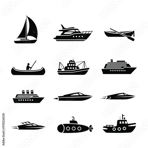 Collection of black silhouette icons of various watercraft on a white background sailboat yacht