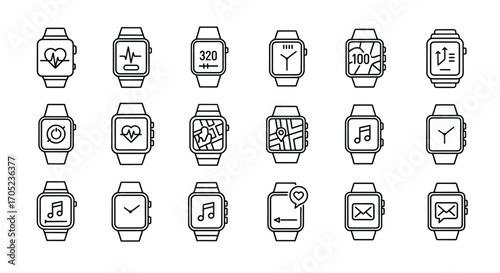 Collection of hand drawn smartwatch faces in silhouette style