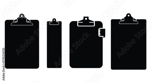 Four black clipboards in silhouette against a white background
