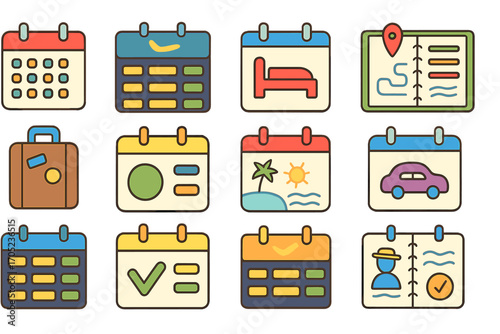 Calendar and travel flat icon set. events, itinerary planning icons flat collection
