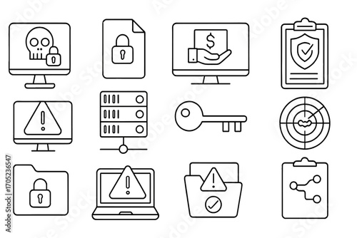 Security and privacy outline icon set. cyber defense, data protection symbols collection