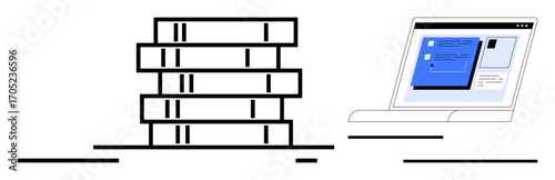 Stack of books next to a laptop displaying a document interface. Ideal for education, e-learning, knowledge exchange, digital tools, study resources, technology in learning, simple flat metaphor