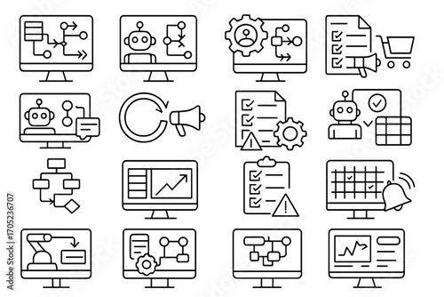 Business, technology line icon set: workflow, automation, data analytics illustration