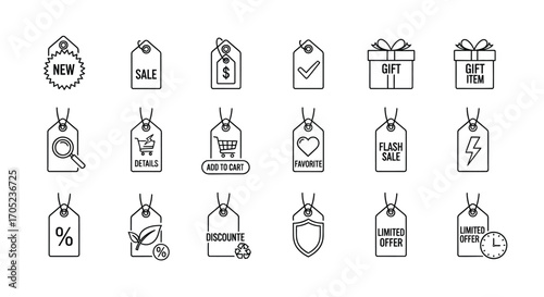 Collection of hand drawn shopping tags and gift boxes silhouette