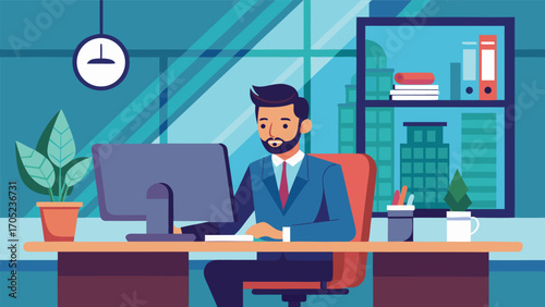 Business professional working at a modern office desk with plants and a computer during daytime