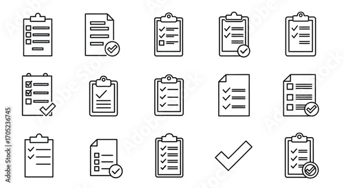 Collection of clipboard checklist and tick mark icons silhouette