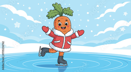 Cheerful Carrot Character Ice Skating on Frozen Lake, Fun Winter Illustration, Snowy Landscape, Whimsical Seasonal Vector Art, Holiday Cartoon Scene in Cold Weather Setting